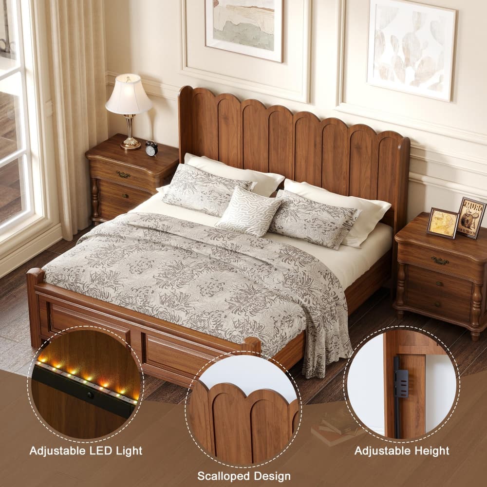 A medium brown wooden bed with a scalloped headboard and matching footboard, styled in a bedroom setting with two matching nightstands, a lamp, and patterned bedding. Three circular inset callouts at the bottom highlight adjustable LED lighting, the scalloped panel design, and adjustable height.