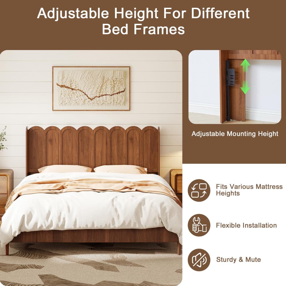 A wooden bed frame with an adjustable headboard shown in a bedroom setting, with text and inset diagrams explaining height adjustability and mounting options.