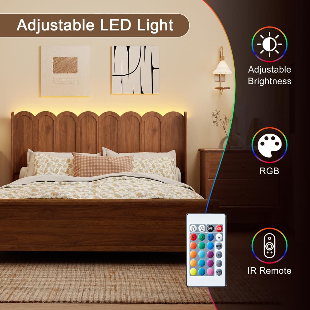 A wooden bed in a bedroom setting with warm LED lighting under the headboard, plus a remote control shown at the bottom. Text and icons on the right say Adjustable LED Light, Adjustable Brightness, RGB, and IR Remote.