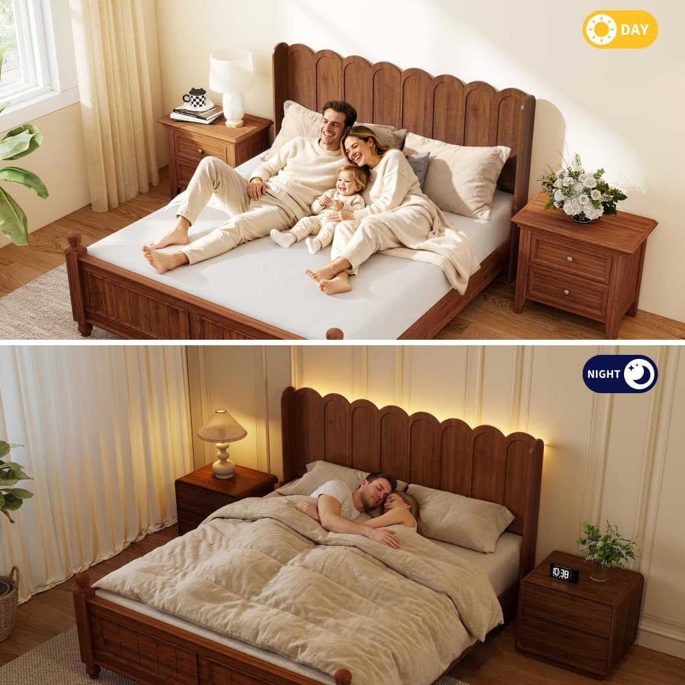 A wooden bed frame shown in a bedroom setting with a couple and child lying on it, presented in two views labeled DAY and NIGHT to show different lighting states. The top view is bright daylight and the bottom is warm nighttime ambient light.
