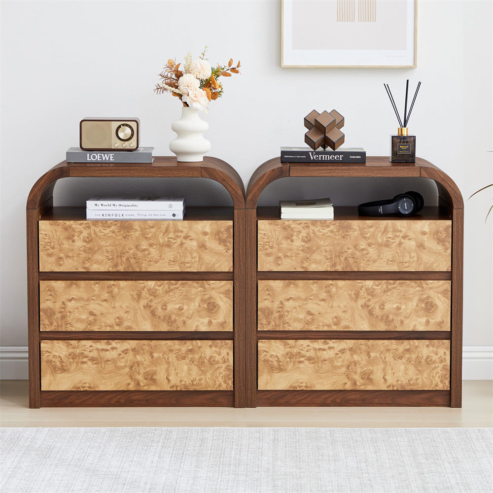 Walnut Modern Burl Wood 3 Drawer Dresser with Open Shelf