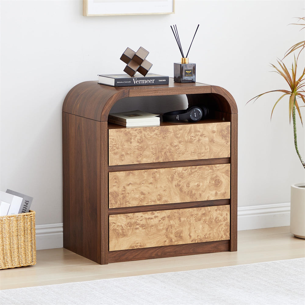 Walnut Modern Burl Wood 3 Drawer Dresser with Open Shelf