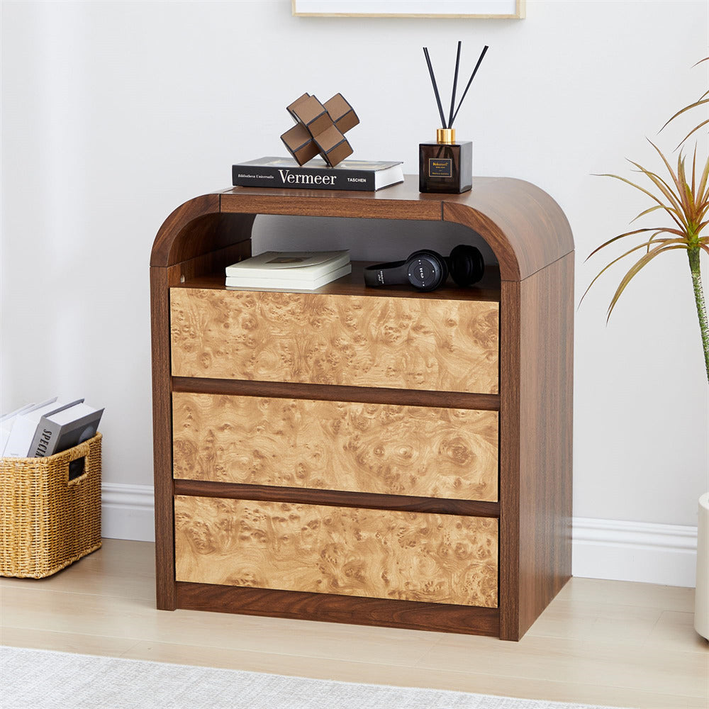 Walnut Modern Burl Wood 3 Drawer Dresser with Open Shelf