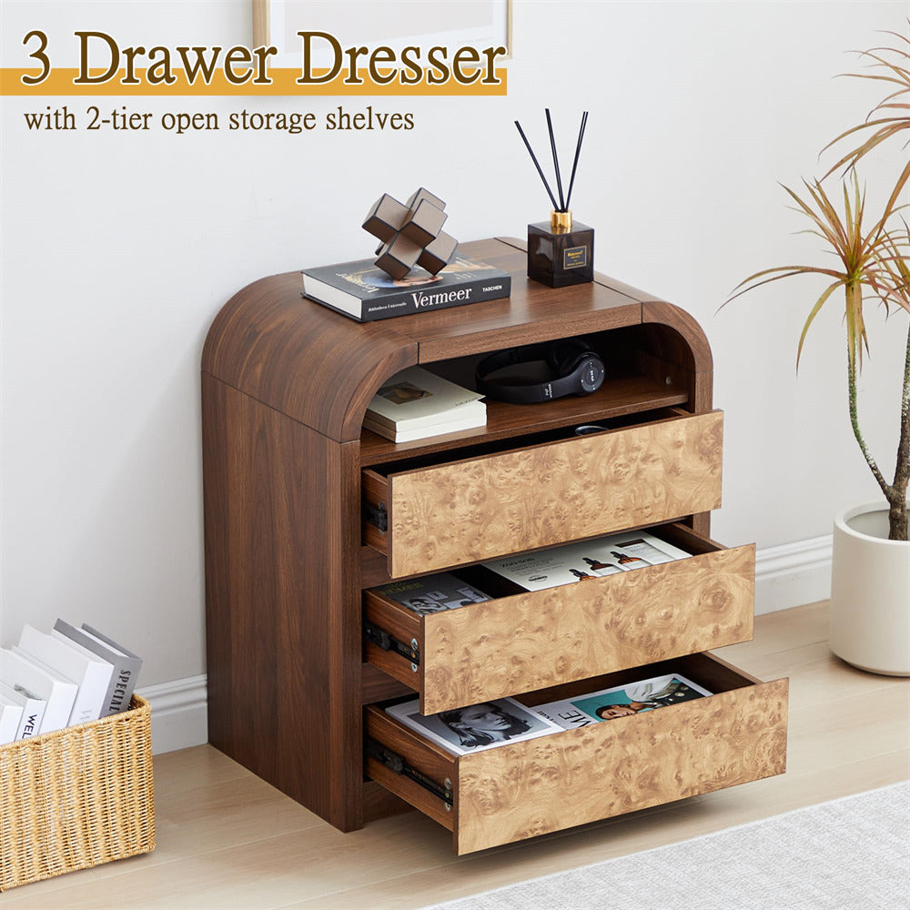 Walnut Modern Burl Wood 3 Drawer Dresser with Open Shelf