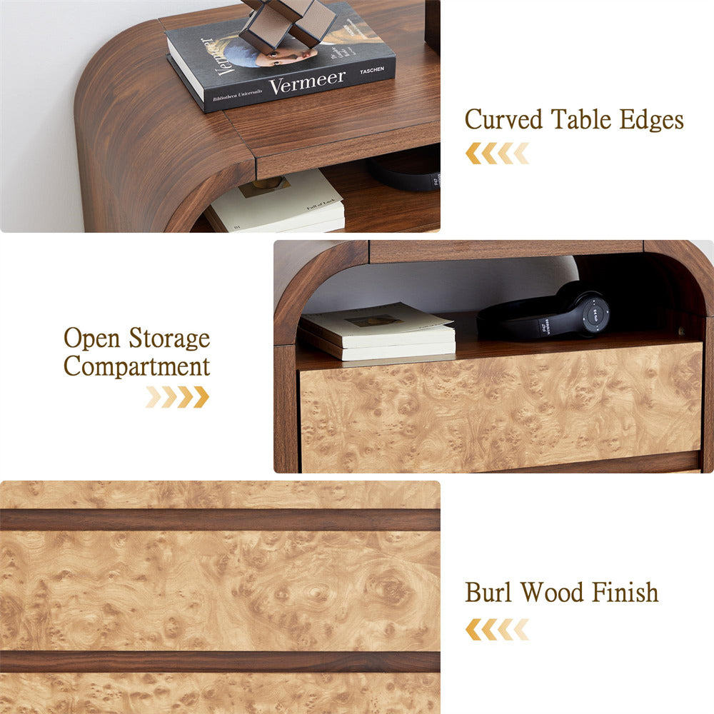 Walnut Modern Burl Wood 3 Drawer Dresser with Open Shelf