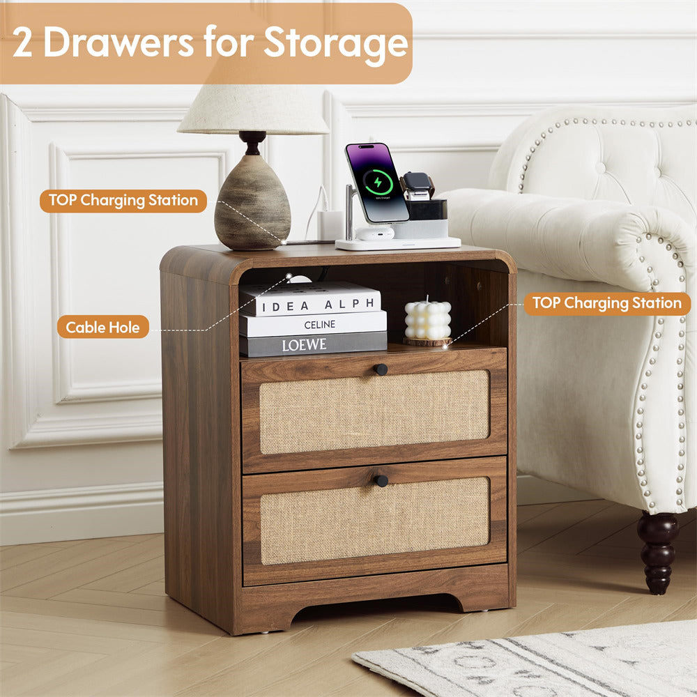 Wooden nightstand with two drawers, top charging station, and cable hole in a living room setting.