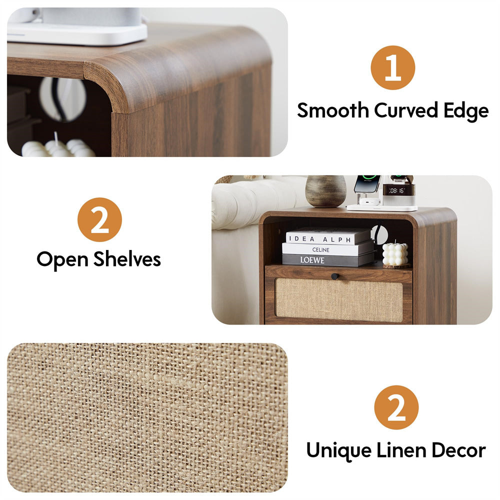Wooden side table with smooth curved edge, open shelves, and unique linen decor.