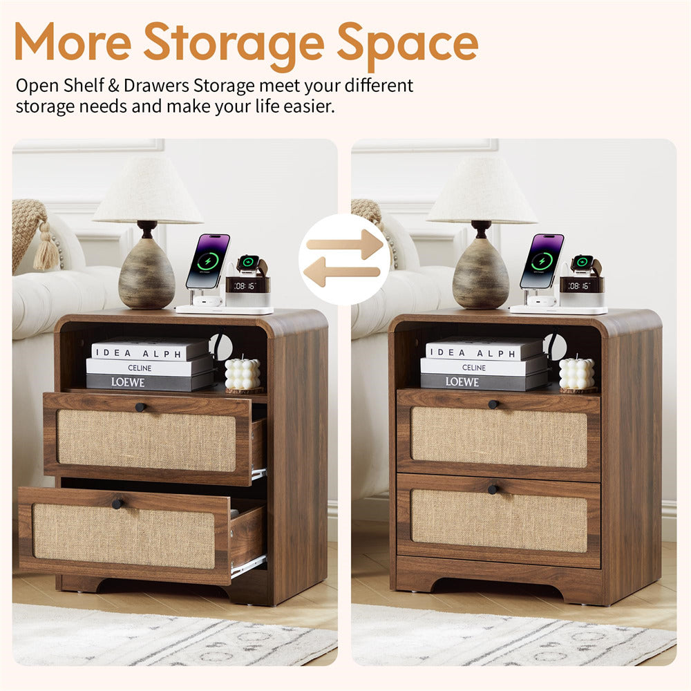 Wooden nightstand with open shelves and drawers in a living room setting.