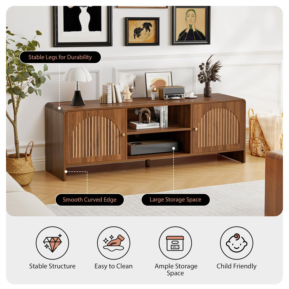 Walnut Modern Curved Profile TV Stand for 55/60/65 Inch with Arched Doors and Adjustable Shelf