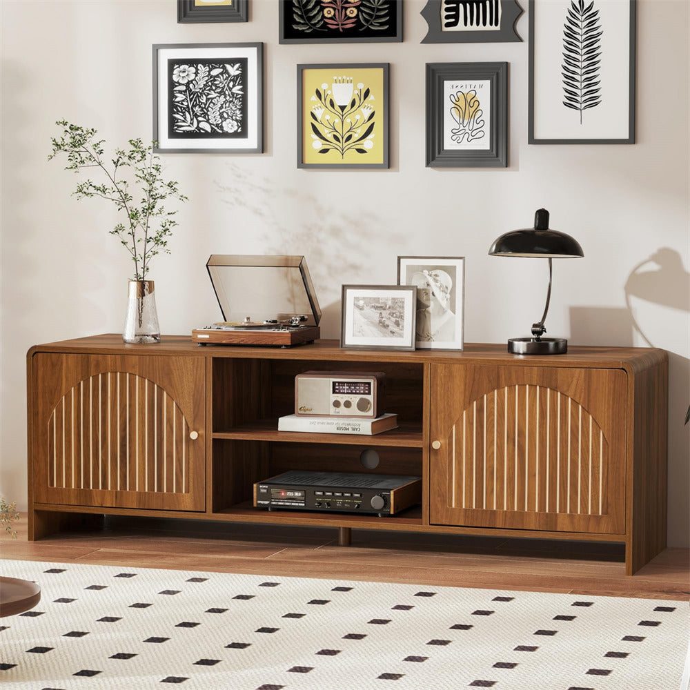 Walnut Modern Curved Profile TV Stand for 55/60/65 Inch with Arched Doors and Adjustable Shelf