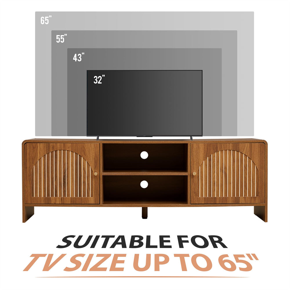 Walnut Modern Curved Profile TV Stand for 55/60/65 Inch with Arched Doors and Adjustable Shelf