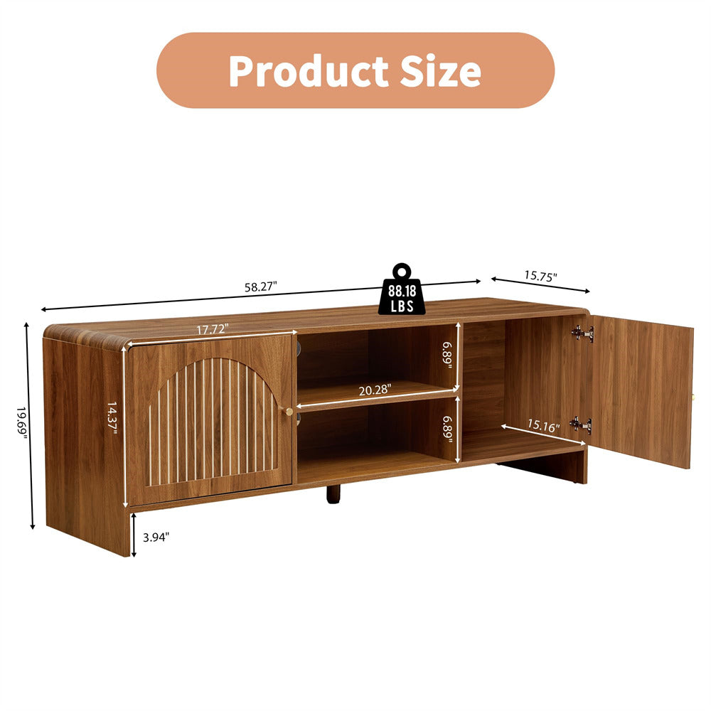Walnut Modern Curved Profile TV Stand for 55/60/65 Inch with Arched Doors and Adjustable Shelf