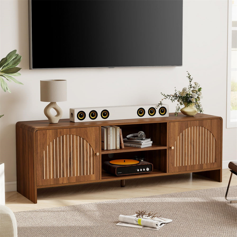 Walnut Modern Curved Profile TV Stand for 55/60/65 Inch with Arched Doors and Adjustable Shelf