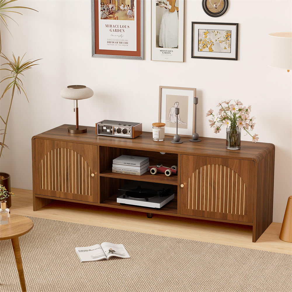 Walnut Modern Curved Profile TV Stand for 55/60/65 Inch with Arched Doors and Adjustable Shelf