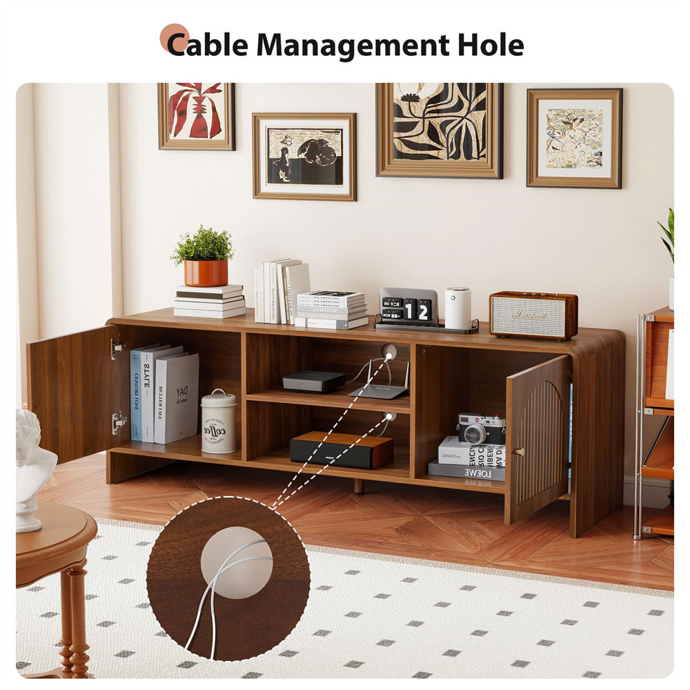 Walnut Modern Curved Profile TV Stand for 55/60/65 Inch with Arched Doors and Adjustable Shelf