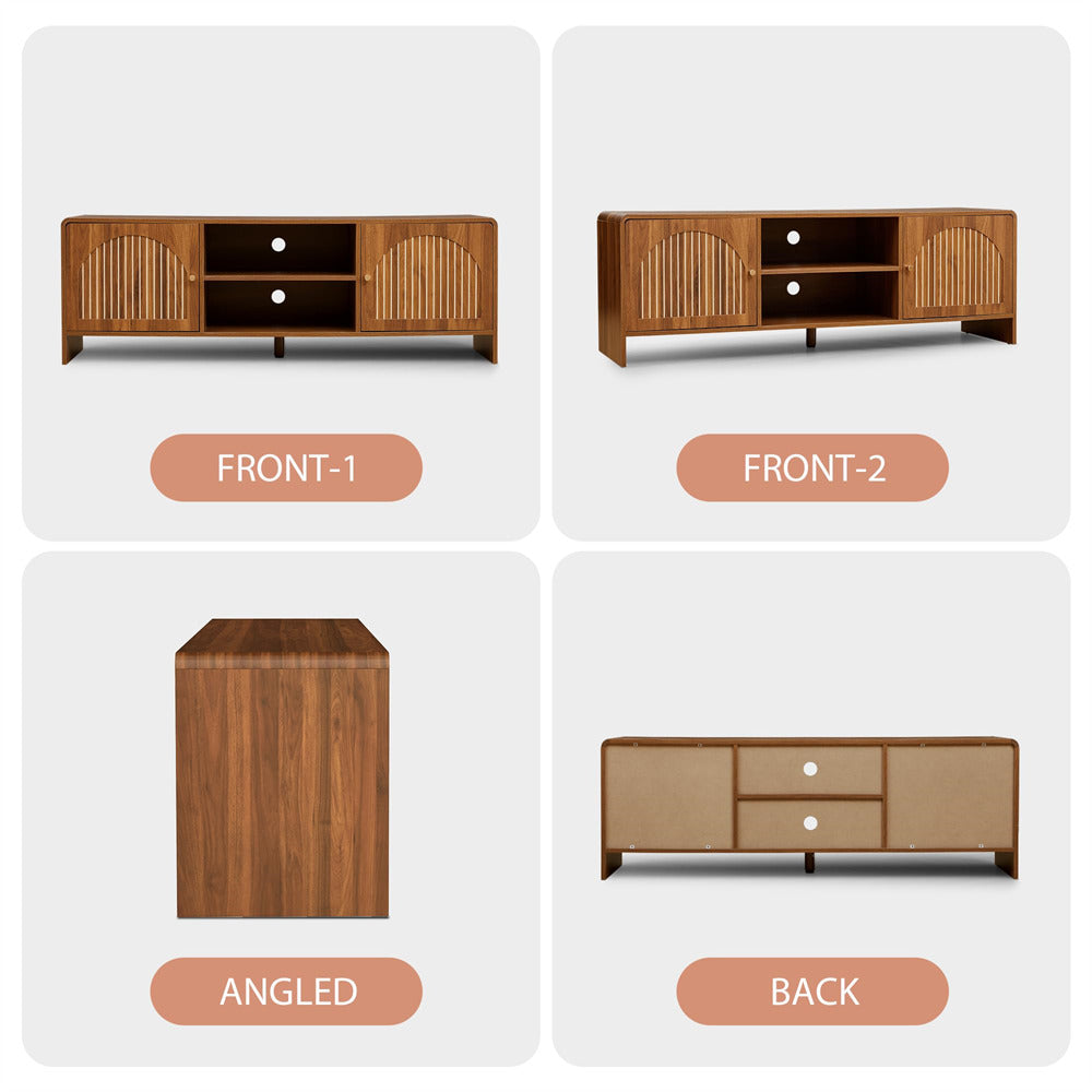 Walnut Modern Curved Profile TV Stand for 55/60/65 Inch with Arched Doors and Adjustable Shelf