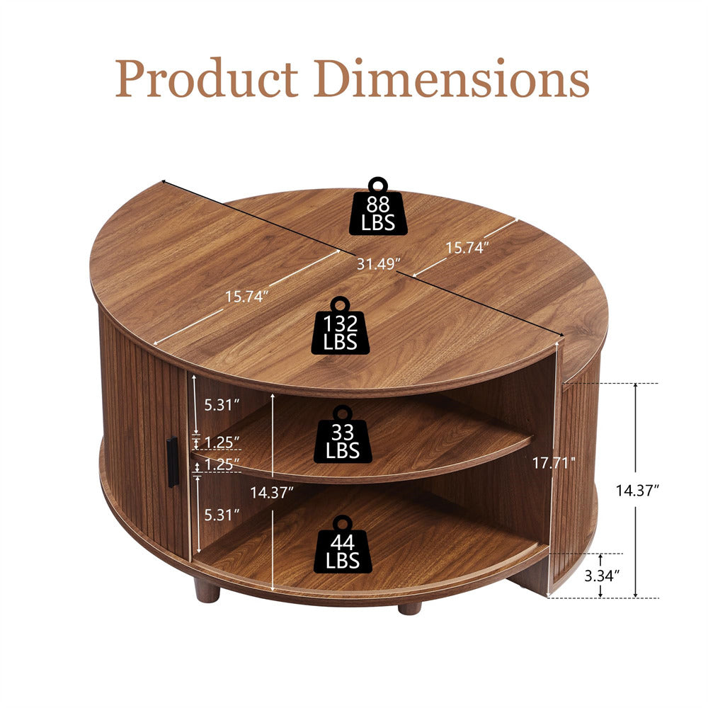 Wooden round table with measurements and weight indicators on a white background