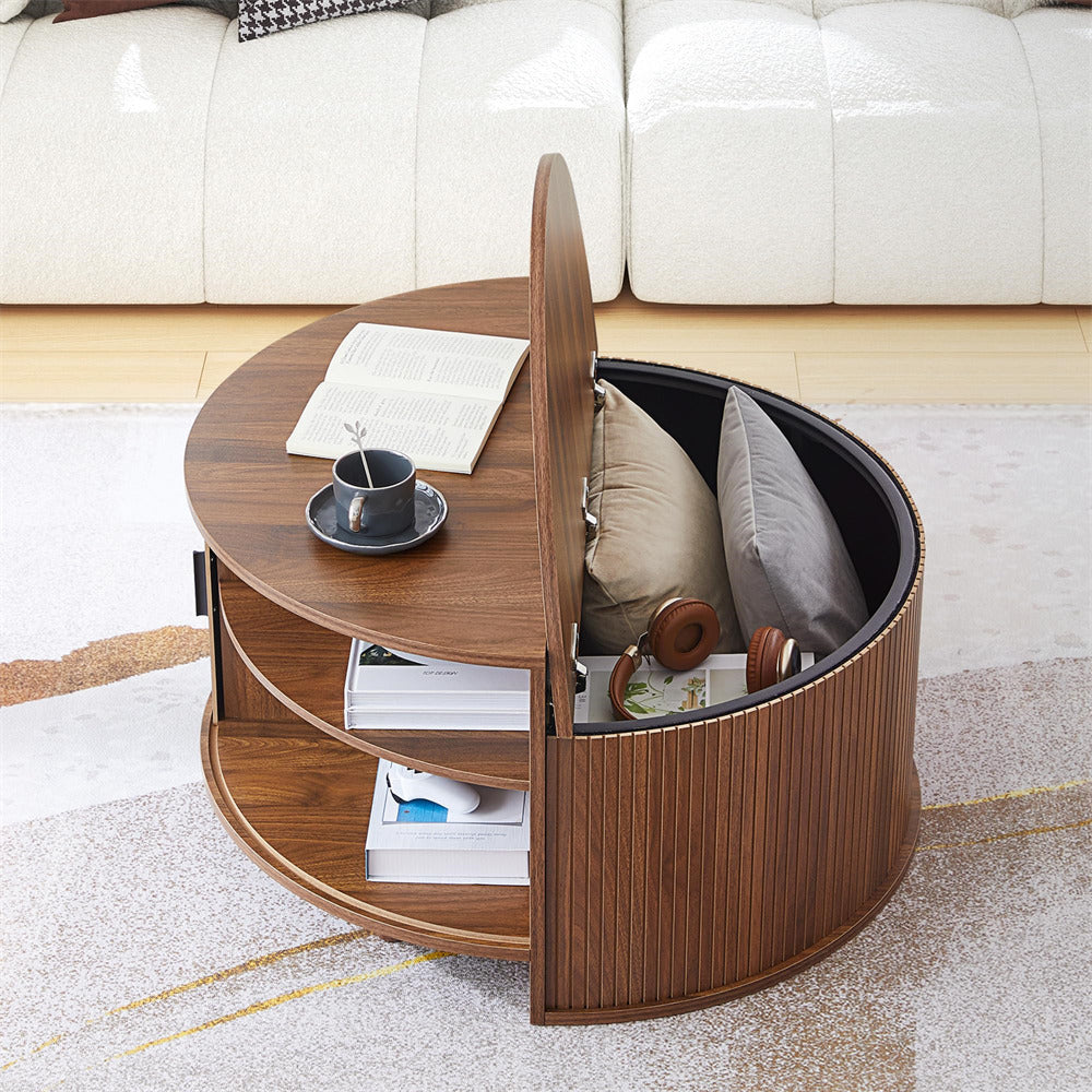 Wooden coffee table with storage compartments in a living room setting