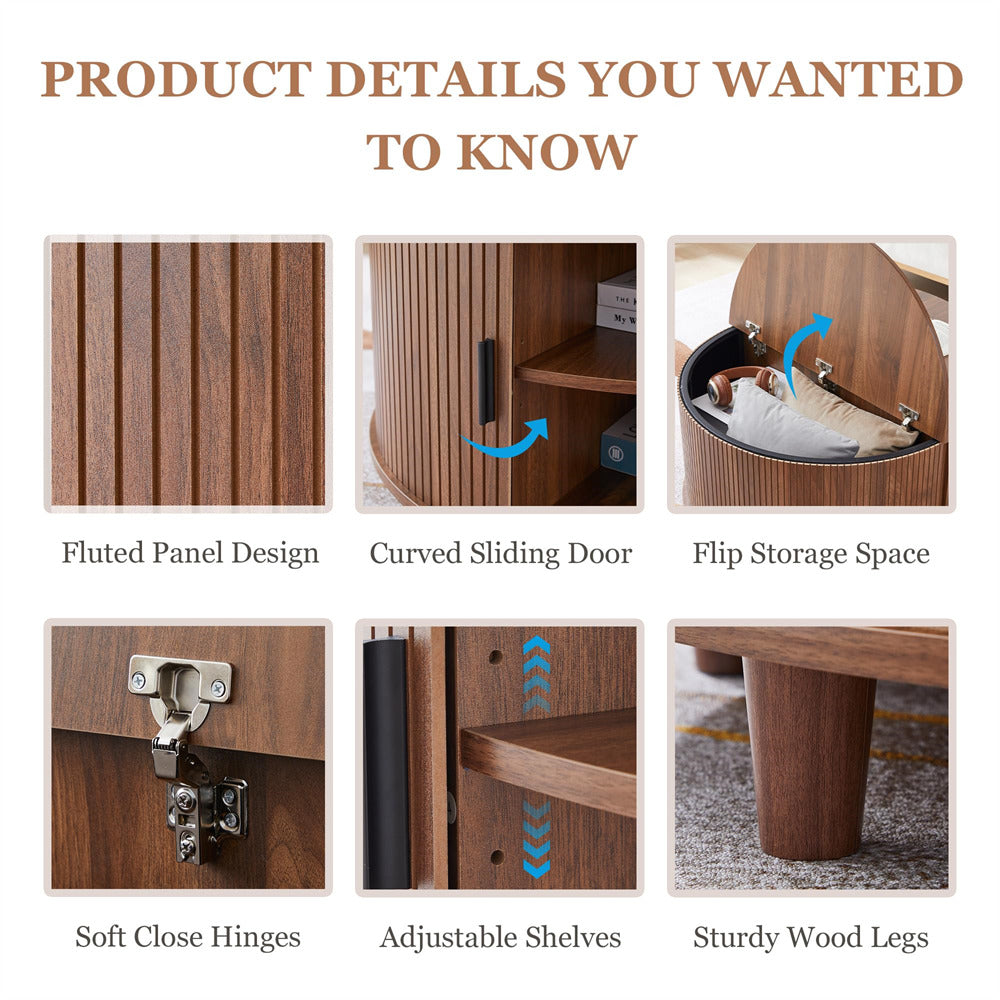 Wooden furniture product with detailed features including fluted panel design, curved sliding door, flip storage space, soft close hinges, adjustable shelves, and sturdy wood legs.