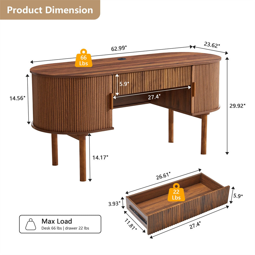 Wooden desk with dimensions and weight labels on a white background