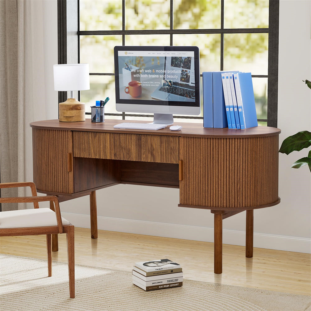 Wooden desk with computer setup in a home office setting