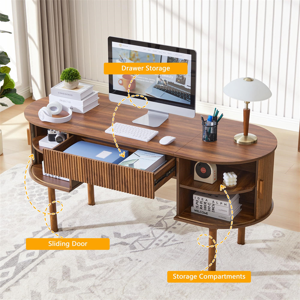 Wooden L-shaped desk with computer setup, storage compartments, and sliding door in a room.