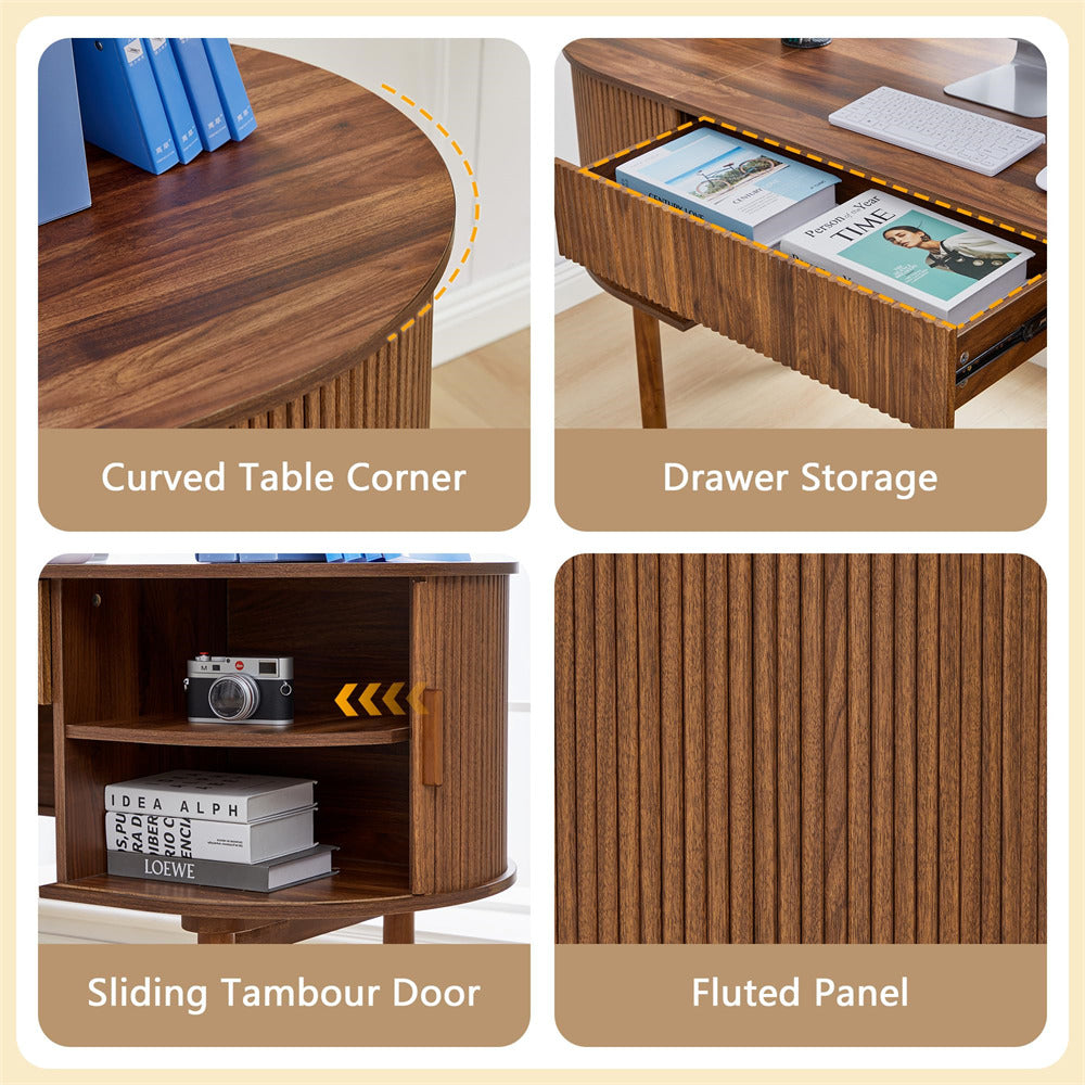 Wooden furniture with curved corner, drawer storage, sliding tambour door, and fluted panel.