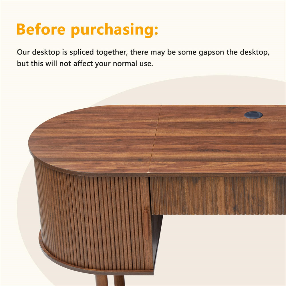 Wooden desk with a visible seam, text indicating splicing information.