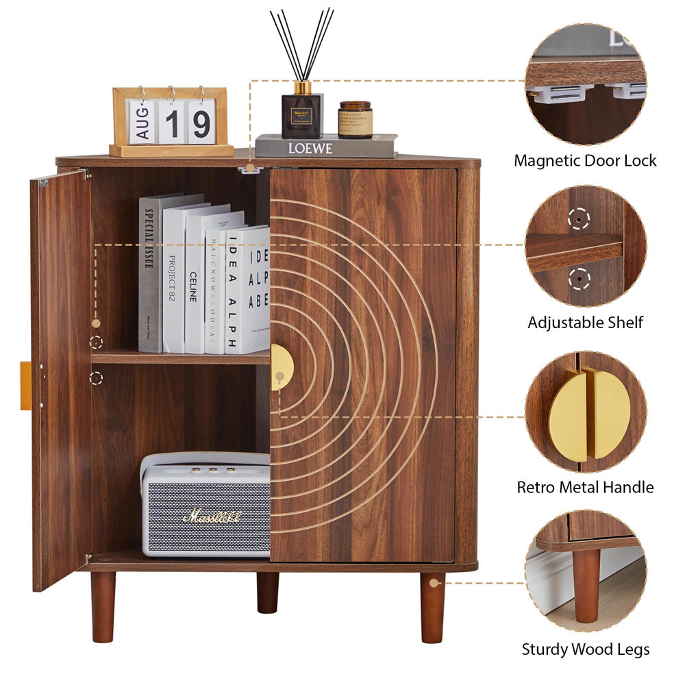 Wooden cabinet with open doors displaying a Marshall speaker, surrounded by product features like a magnetic door lock, adjustable shelf, retro metal handle, and sturdy wood legs.