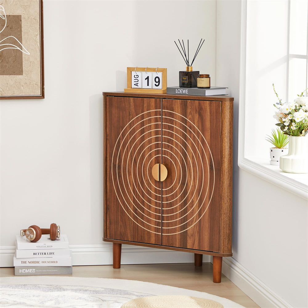Wooden cabinet with decorative design in a room setting