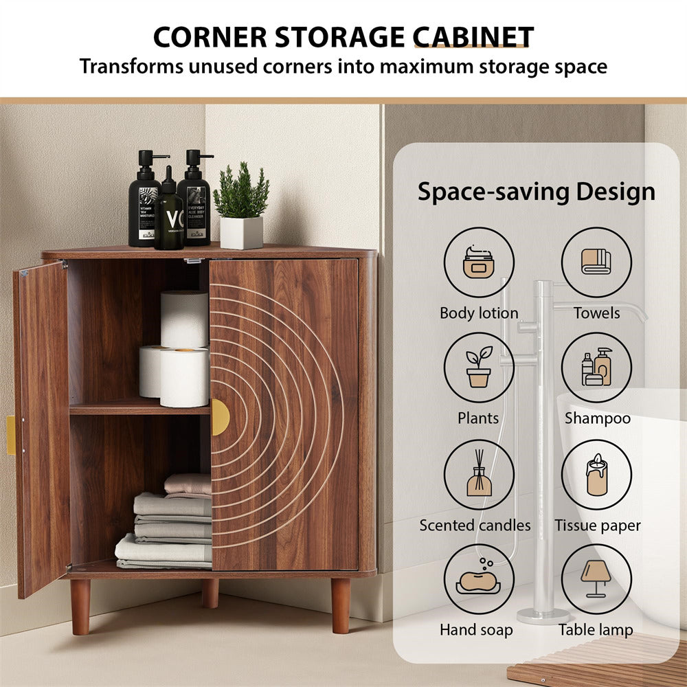 Wooden corner storage cabinet with open doors displaying items, accompanied by a space-saving design diagram.