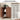 Wooden corner storage cabinet with open doors displaying items, accompanied by a space-saving design diagram.