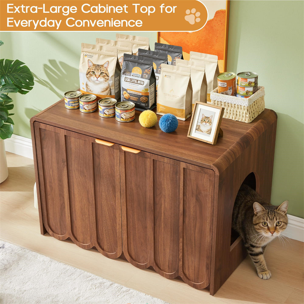 Wooden pet cabinet with a cat peeking out, surrounded by pet supplies on a wooden floor.
