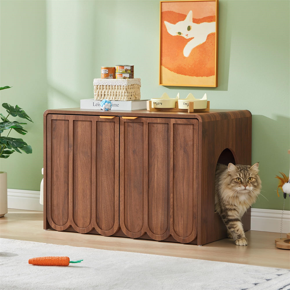 Walnut Modern Hidden Cat Litter Box Cabinet Cat House with Scalloped Doors and Gold Handle