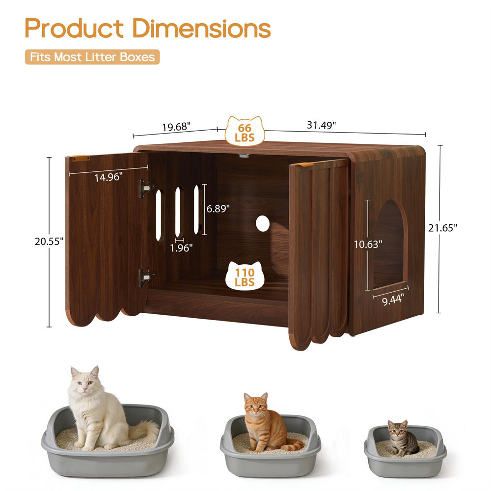 Wooden pet enclosure with dimensions and weight capacity, shown with cats inside gray litter boxes.
