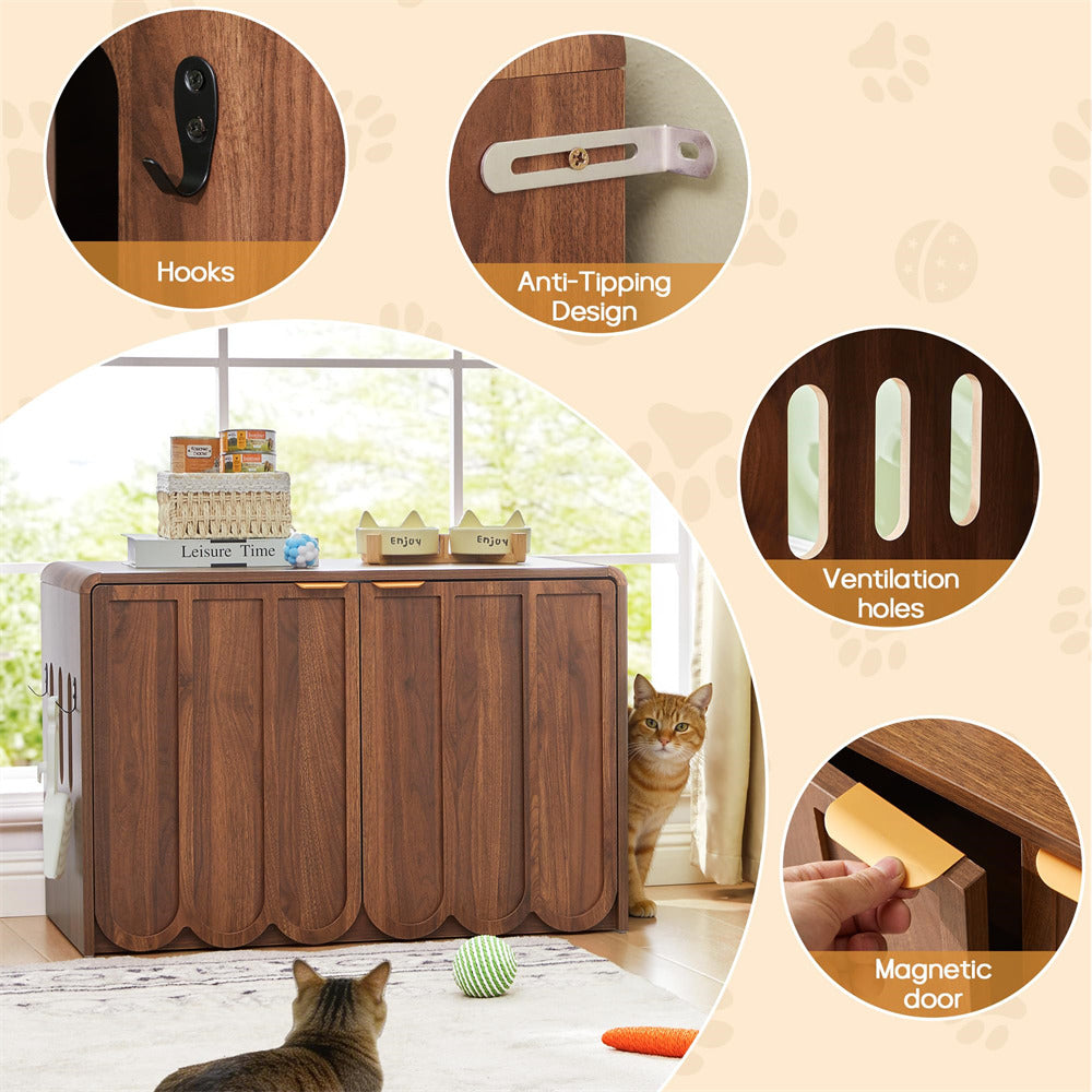 Walnut Modern Hidden Cat Litter Box Cabinet Cat House with Scalloped Doors and Gold Handle