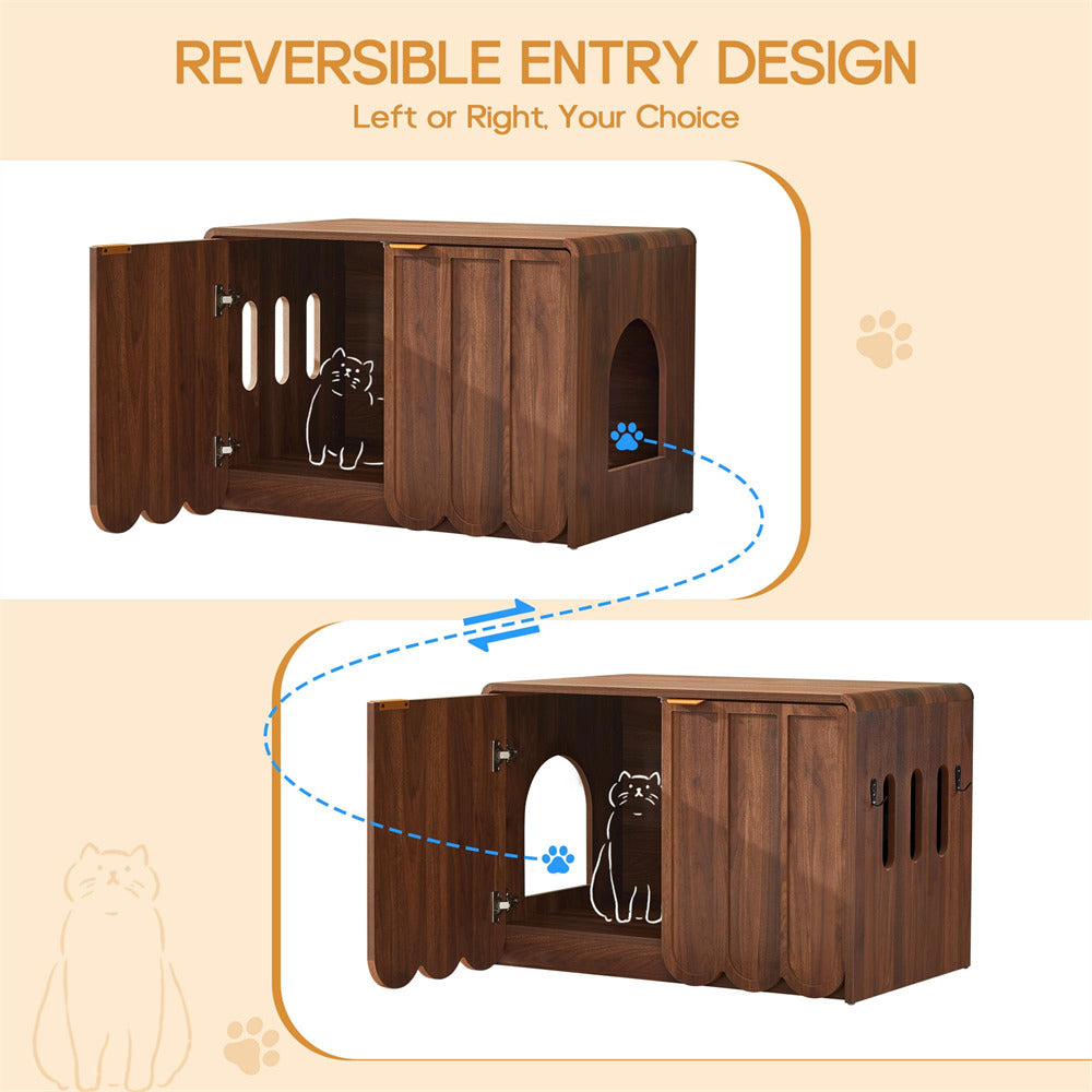 Walnut Modern Hidden Cat Litter Box Cabinet Cat House with Scalloped Doors and Gold Handle