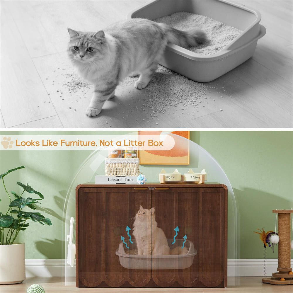 Cat using a litter box with a decorative wooden furniture piece designed to look like a litter box.
