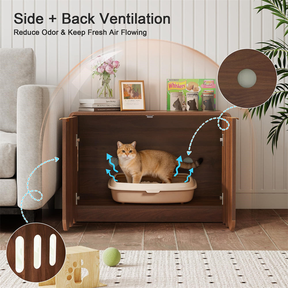 Cat using a wooden litter box with side and back ventilation in a home setting.