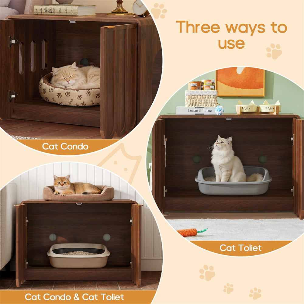 Collage of a wooden pet enclosure used as a cat condo, toilet, and both in a living room setting.