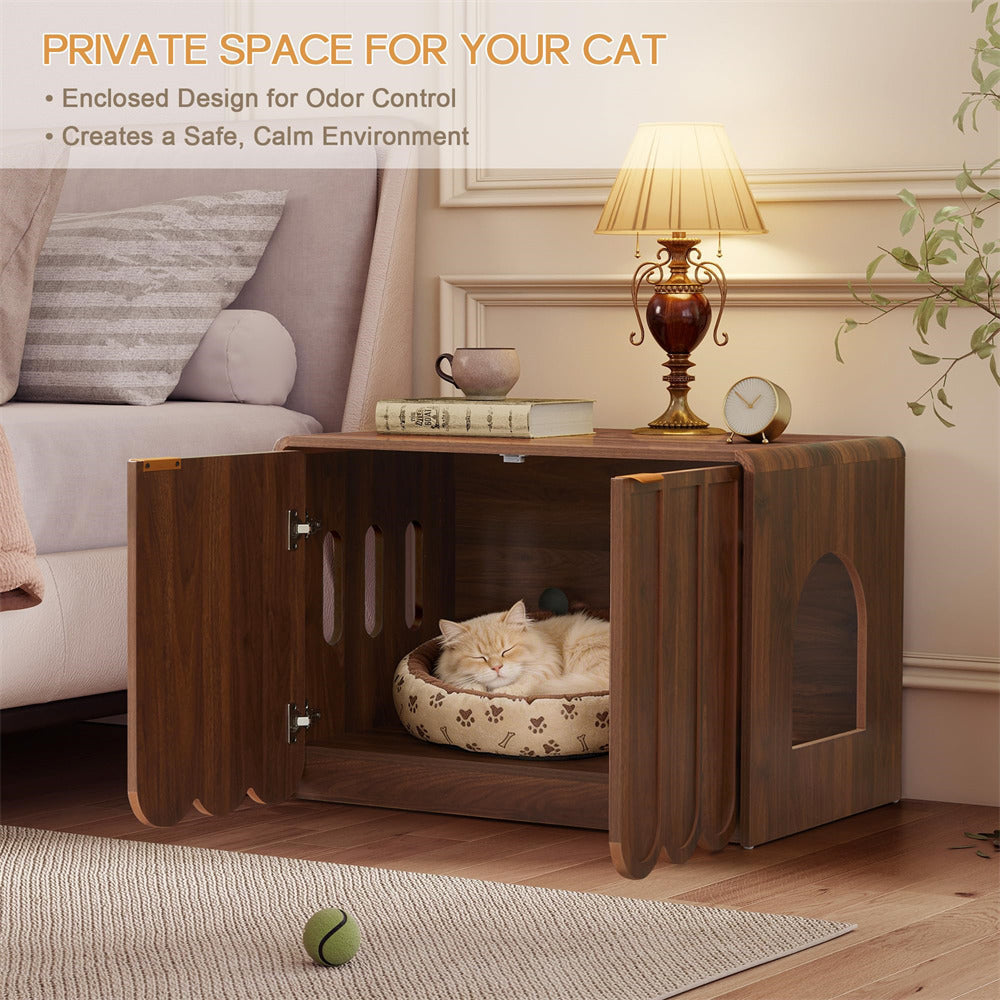 Wooden pet enclosure for a cat in a living room setting with a lamp and books.