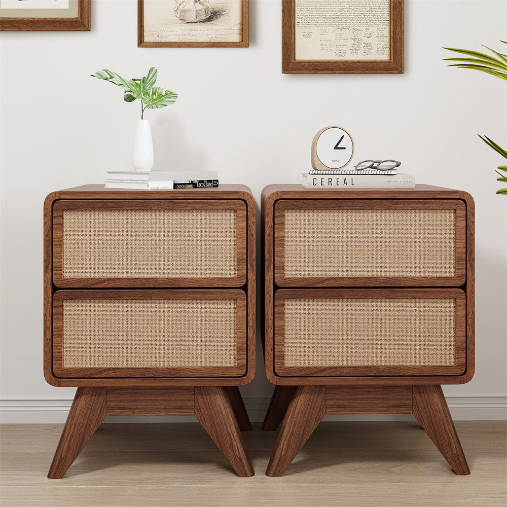 Modern Wood Boho Nightstand Rustic End Table with Linen and Solid Wood Legs