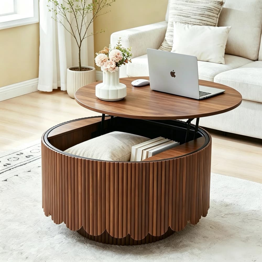 Walnut Modern Scalloped Fluted Round Lift Top Wood Coffee Table with Storage