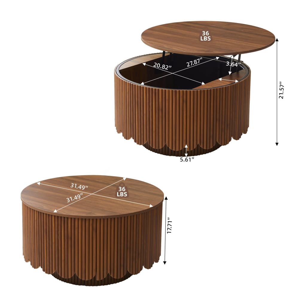 A round wooden storage ottoman or coffee table shown in two views on a white background: one closed with dimension arrows and weight text, and one open showing the storage compartment with measurements. The product is brown wood with a fluted side design.