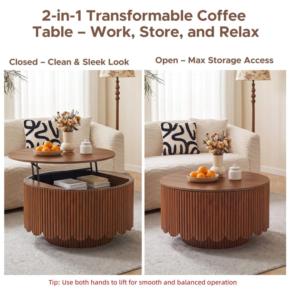 Walnut Modern Scalloped Fluted Round Lift Top Wood Coffee Table with Storage