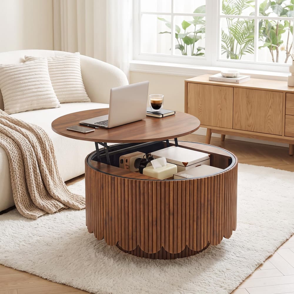 Walnut Modern Scalloped Fluted Round Lift Top Wood Coffee Table with Storage
