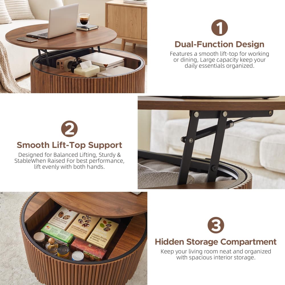 Walnut Modern Scalloped Fluted Round Lift Top Wood Coffee Table with Storage
