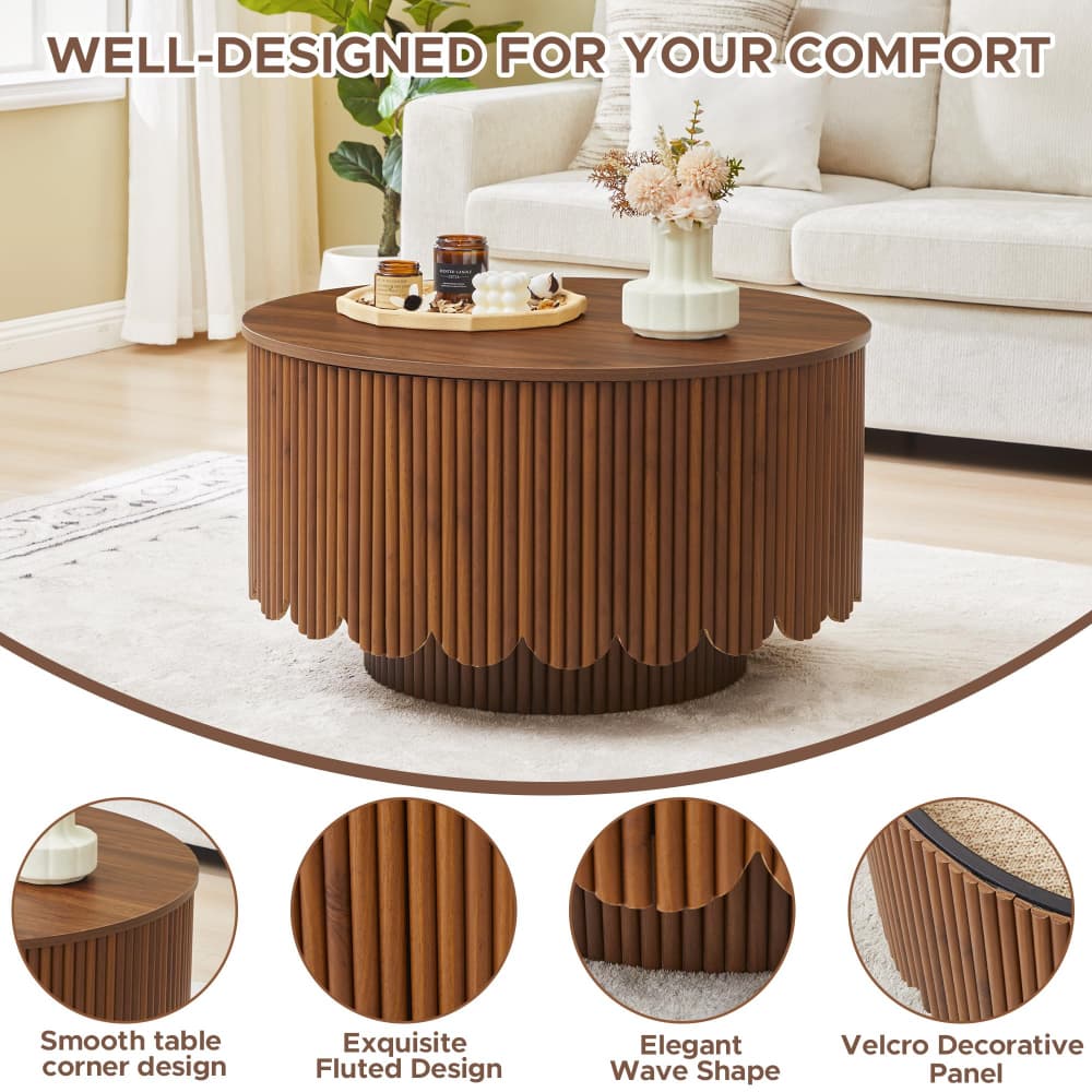 A round wooden coffee table with a fluted slatted design and scalloped lower edge, shown in a living room setting with a sofa and rug. The image includes marketing text reading 'WELL-DESIGNED FOR YOUR COMFORT' and four circular detail insets highlighting the table's corner design, fluted texture, wave shape, and decorative panel.