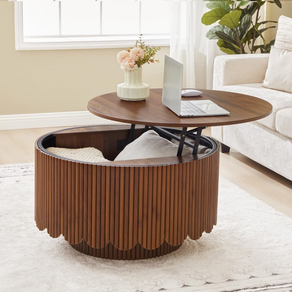Walnut Modern Scalloped Fluted Round Lift Top Wood Coffee Table with Storage
