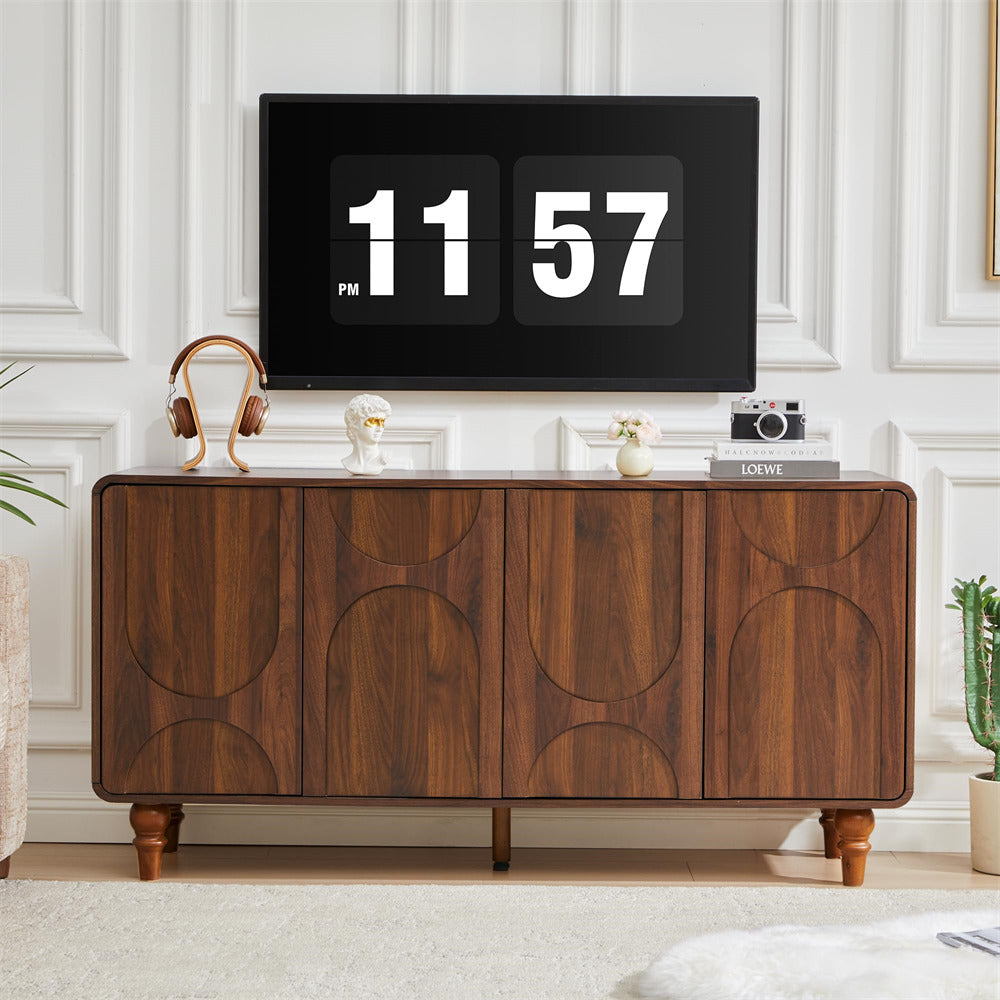 Wooden sideboard with digital clock display in a room setting